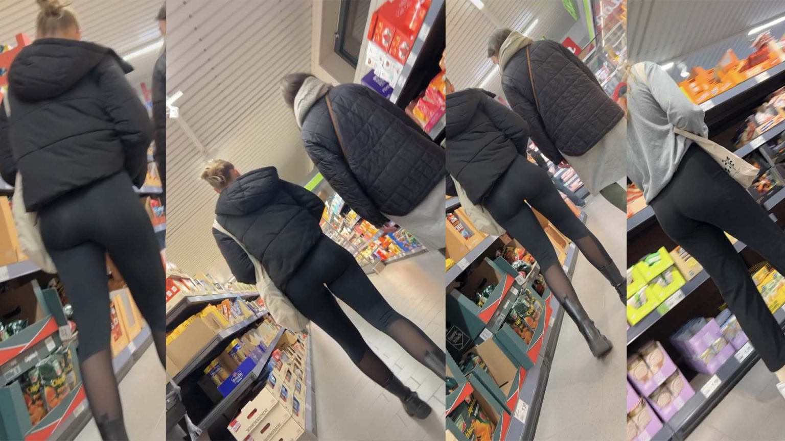 Shiny blonde bubble and other hot girls in black leggings - Candid Best